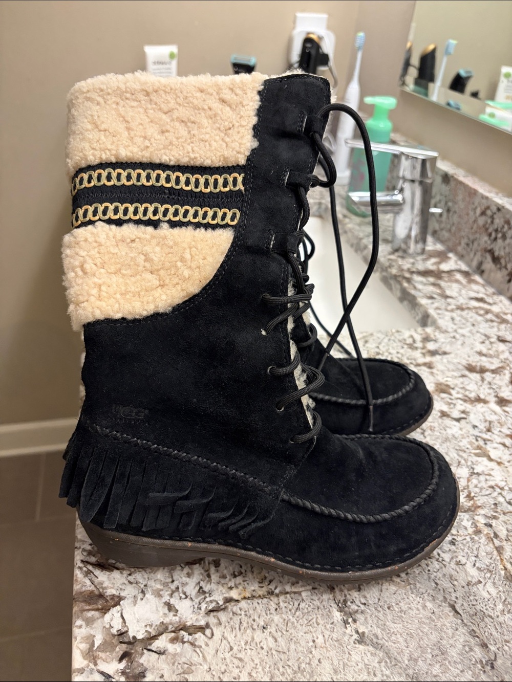 Black Suede Lace-Up Shearling-Trim Boots